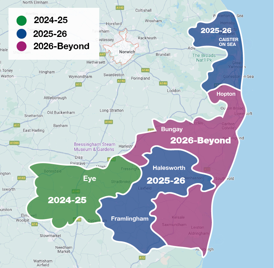 map showing where and when smart meters will be fitted in Suffolk